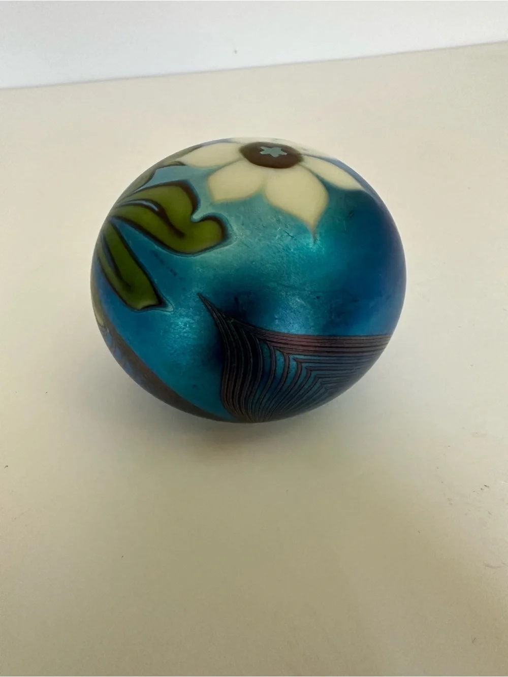 Vintage Orient & Flume Glass Blue & White Flower Iridescent Paperweight-1977